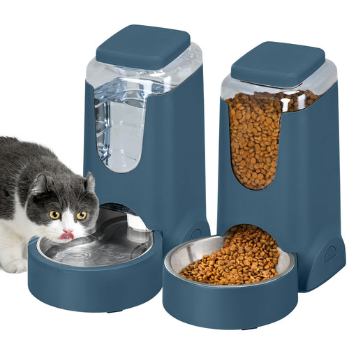 2 Pack Automatic Cat Feeder and Dog Food Feeder Gravity Stainless Steel Water Dispenser and Waterer Set for Small Medium Puppy Kitten Pets (1 Gallon x 2 Navy Blue)