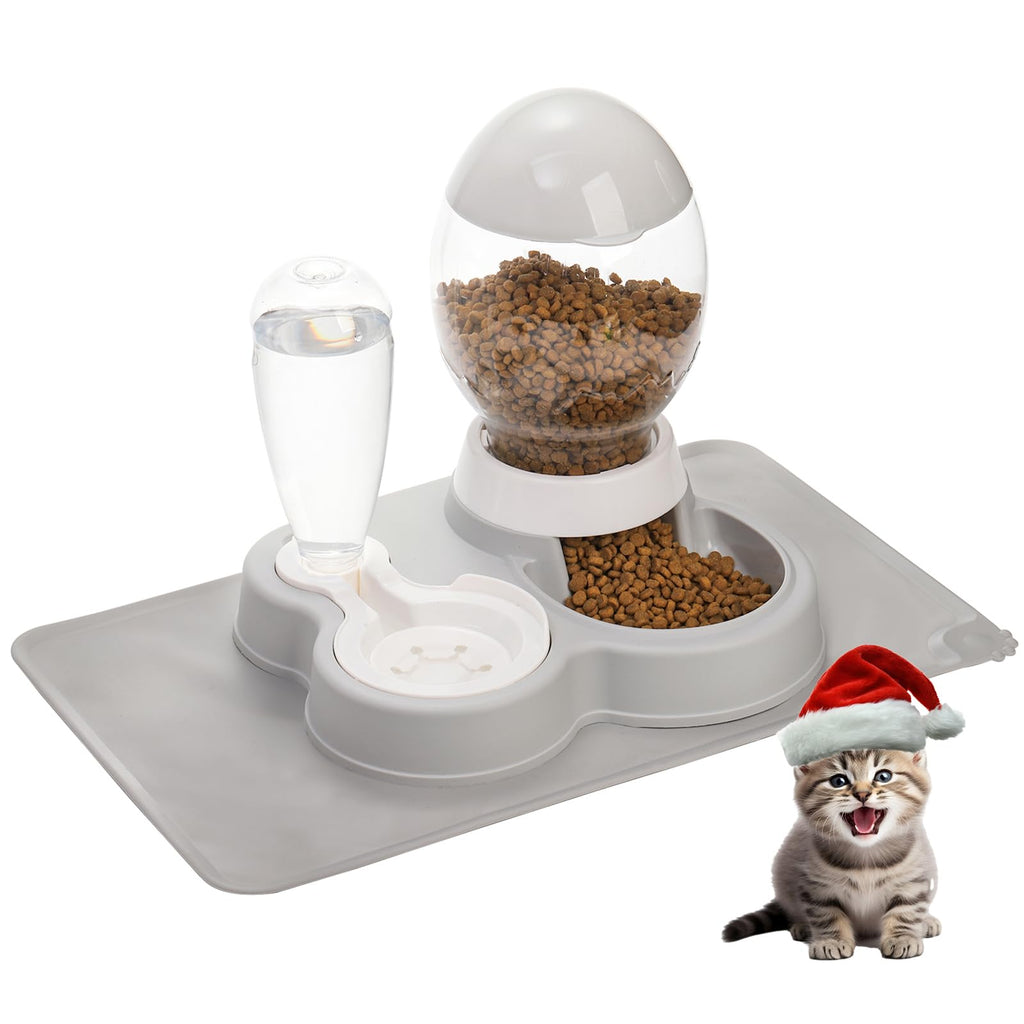 YOUEON Automatic Cat Feeder and Water Dispenser Set 2 in 1 Gravity Pet Feeder and Waterer with Pet Food Mat Cat Food and Water Bowl Set for Cats and Small Dogs Puppy Grey
