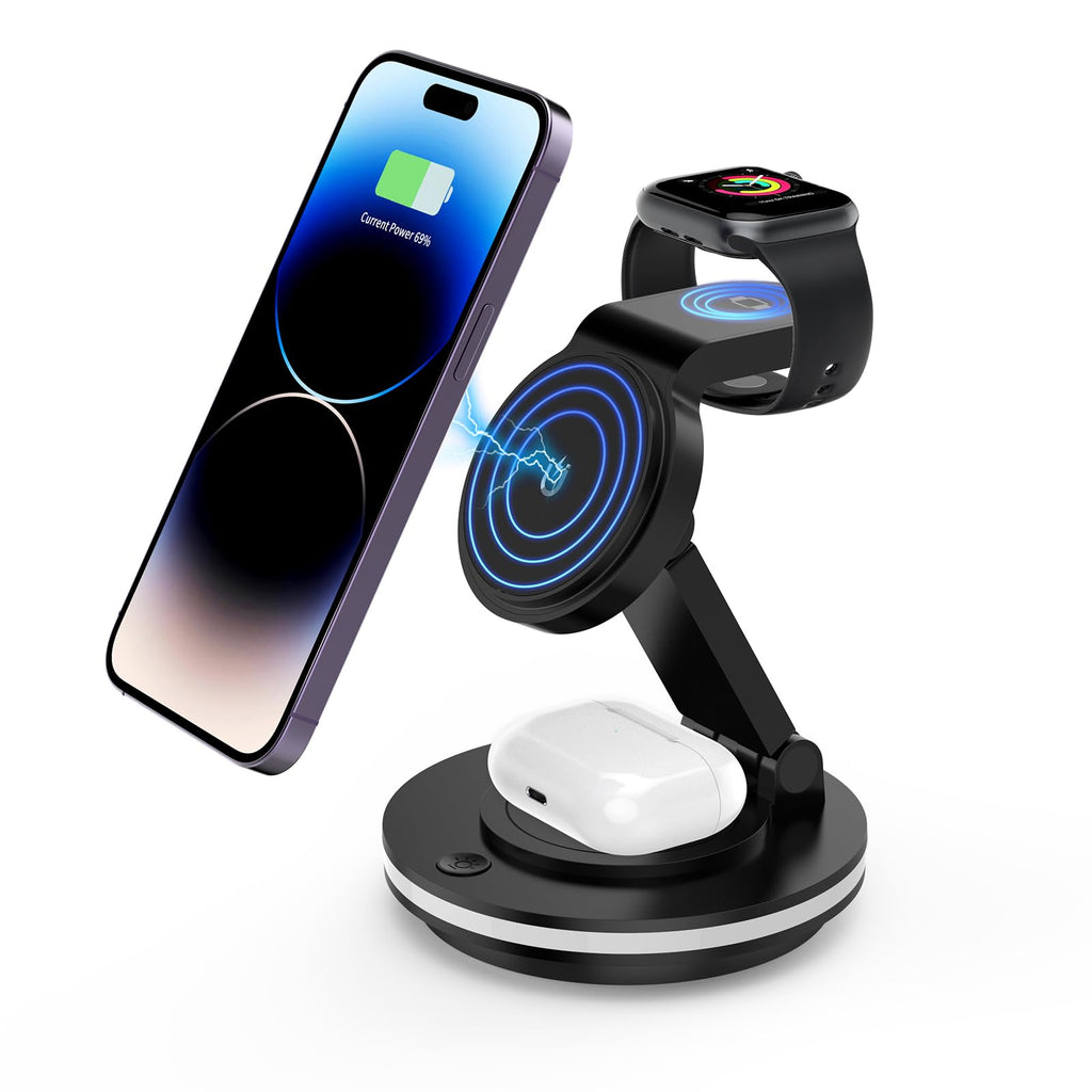 3 in 1 Charging Station for Apple Devices 15W Fast Charger Stand Magnetic Wireless Charger Station Rotatable & Foldable with Night Light for iPhone15/14/13/12/Apple Watch/AirPods (Black)